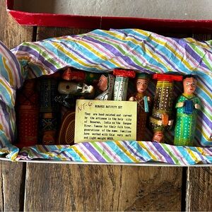 Vintage 80s 90s Wood Hand Painted Folk Art 12pc Benares Nativity Set India